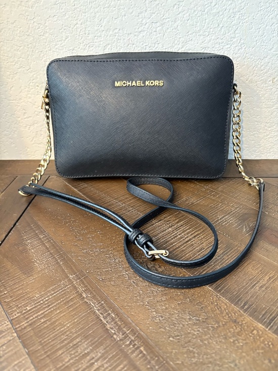 Michael Kors Handbags - Michael Kors Jet Set Travel Black Saffiano Leather Crossbody Gold Chain